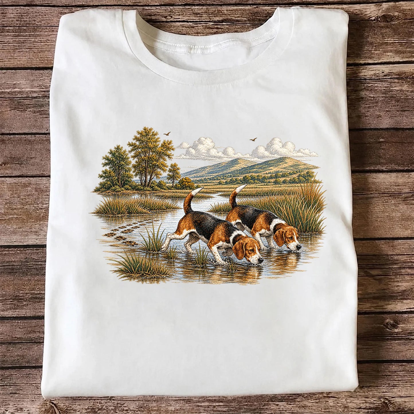 Beagles Tracking Through a Marsh T-Shirt, Vintage Hunting Dog Tee