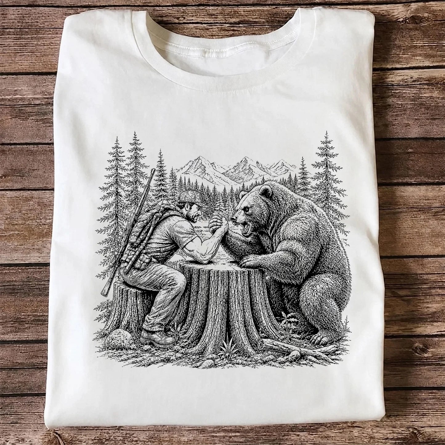 Hunter Arm Wrestling a Bear T-Shirt, Funny Wilderness Tee