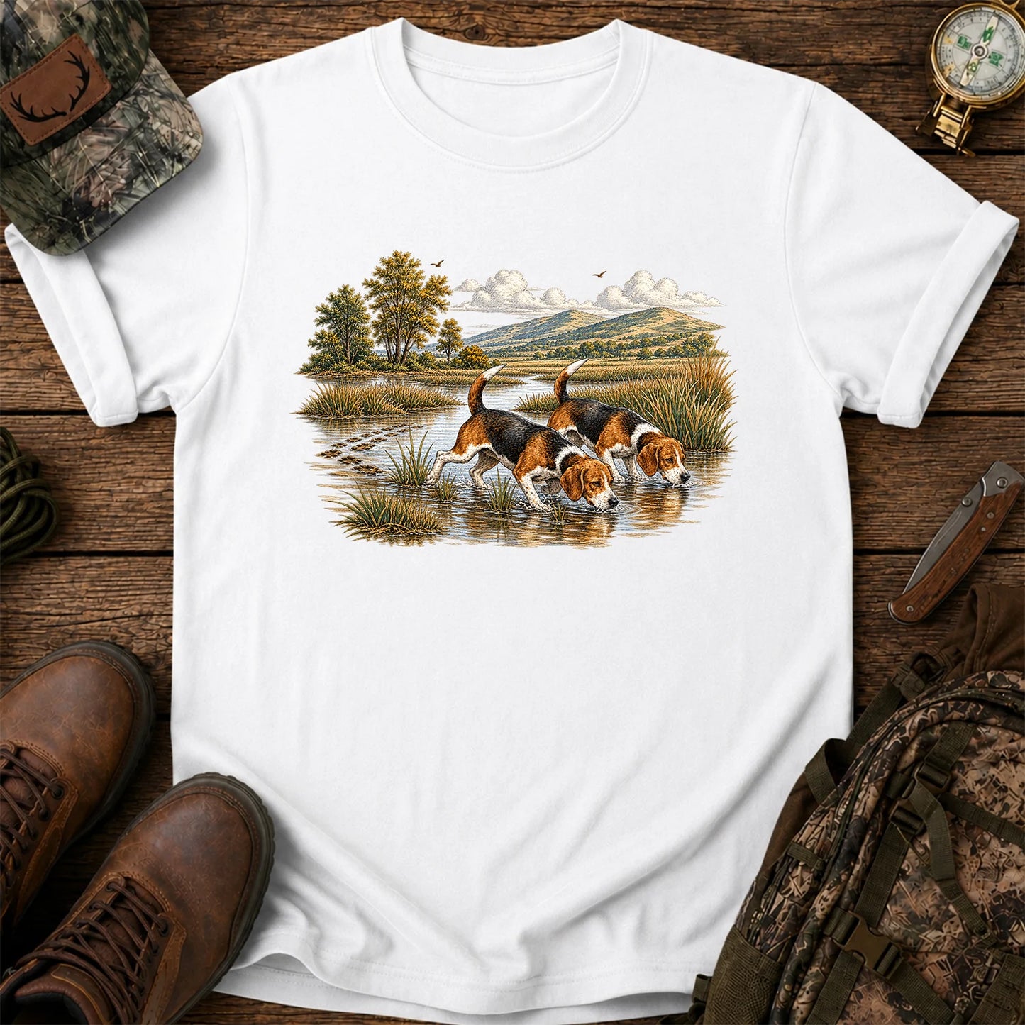 Beagles Tracking Through a Marsh T-Shirt, Vintage Hunting Dog Tee