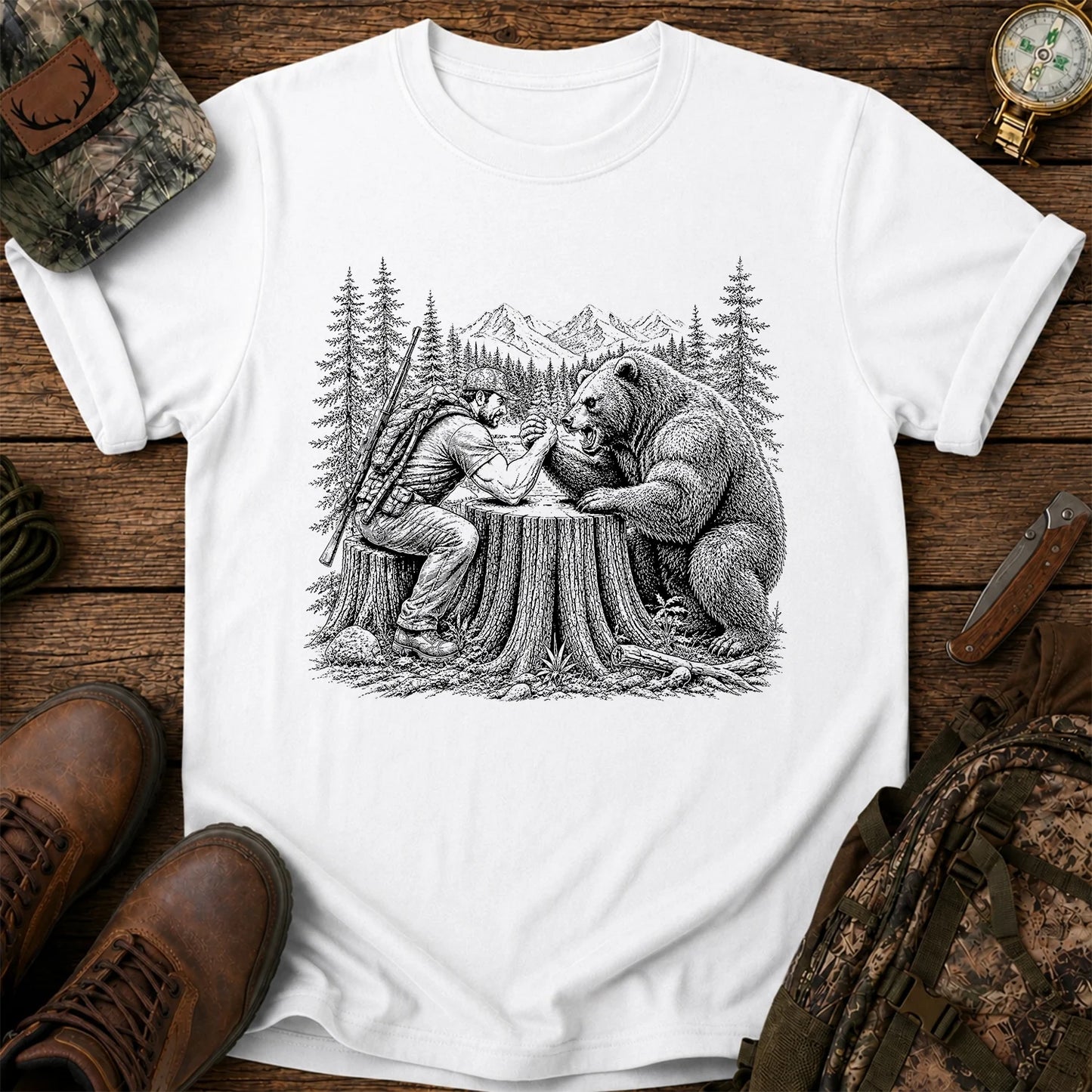 Hunter Arm Wrestling a Bear T-Shirt, Funny Wilderness Tee