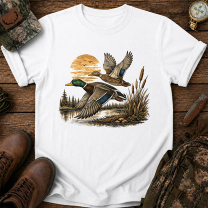 Mallard Ducks Flying at Sunset T-Shirt, Retro Waterfowl Hunting Tee