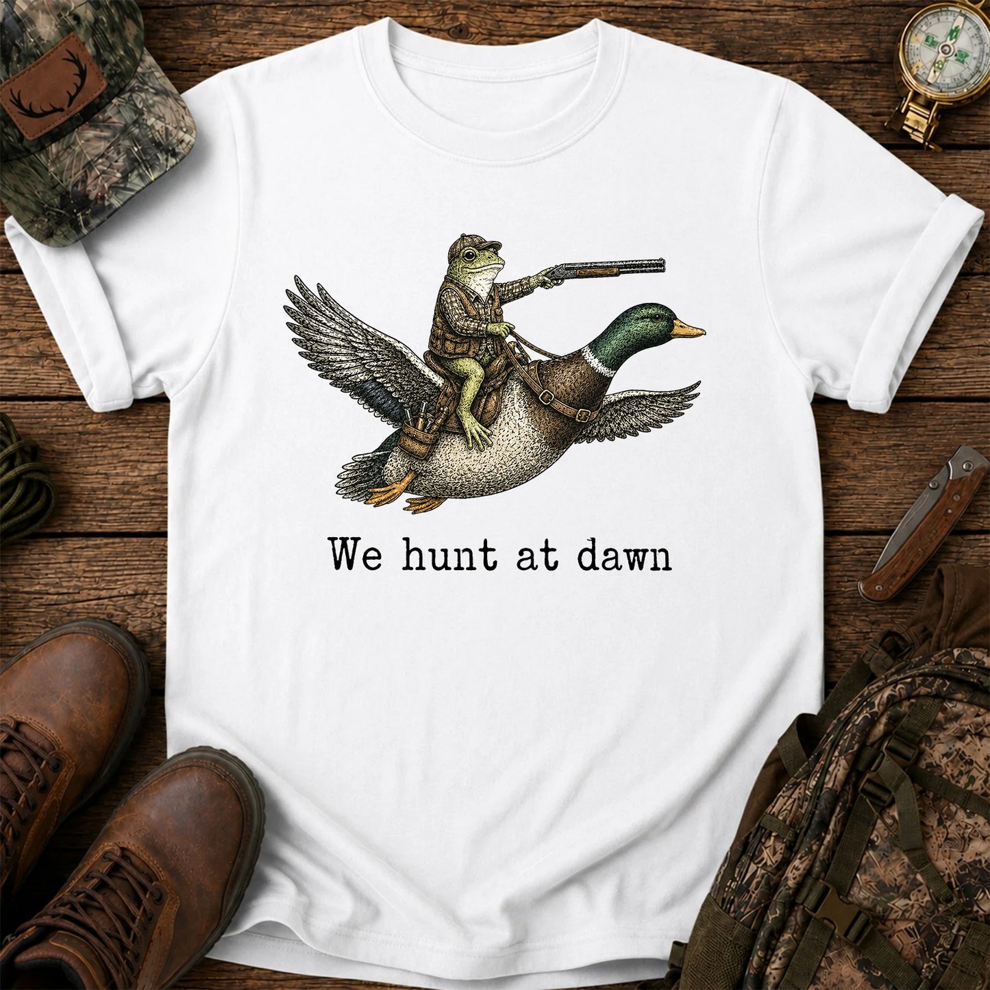 We Hunt at Dawn T-Shirt, Funny Frog Duck Hunting Tee