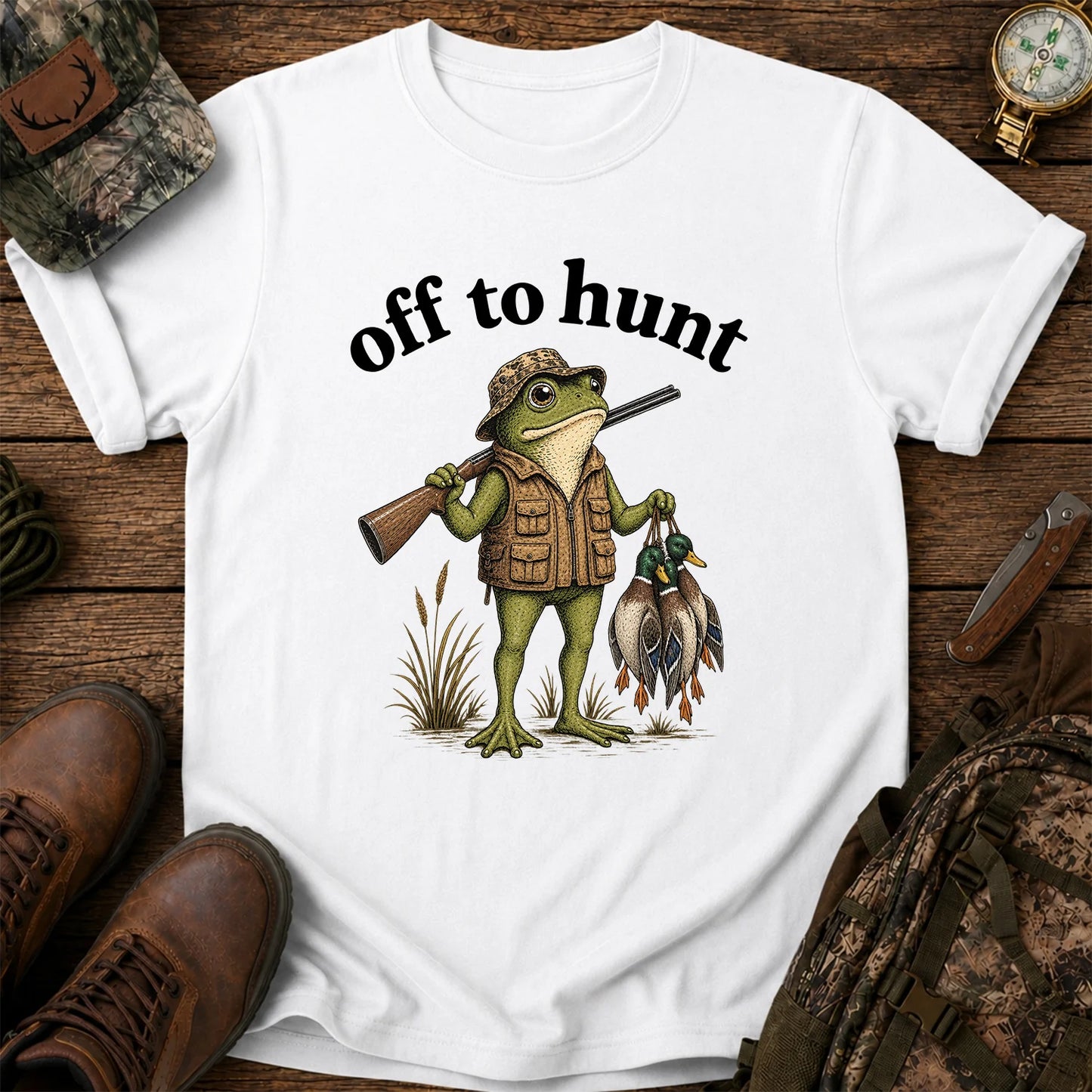 Off to Hunt T-Shirt, Funny Frog Duck Hunting Tee