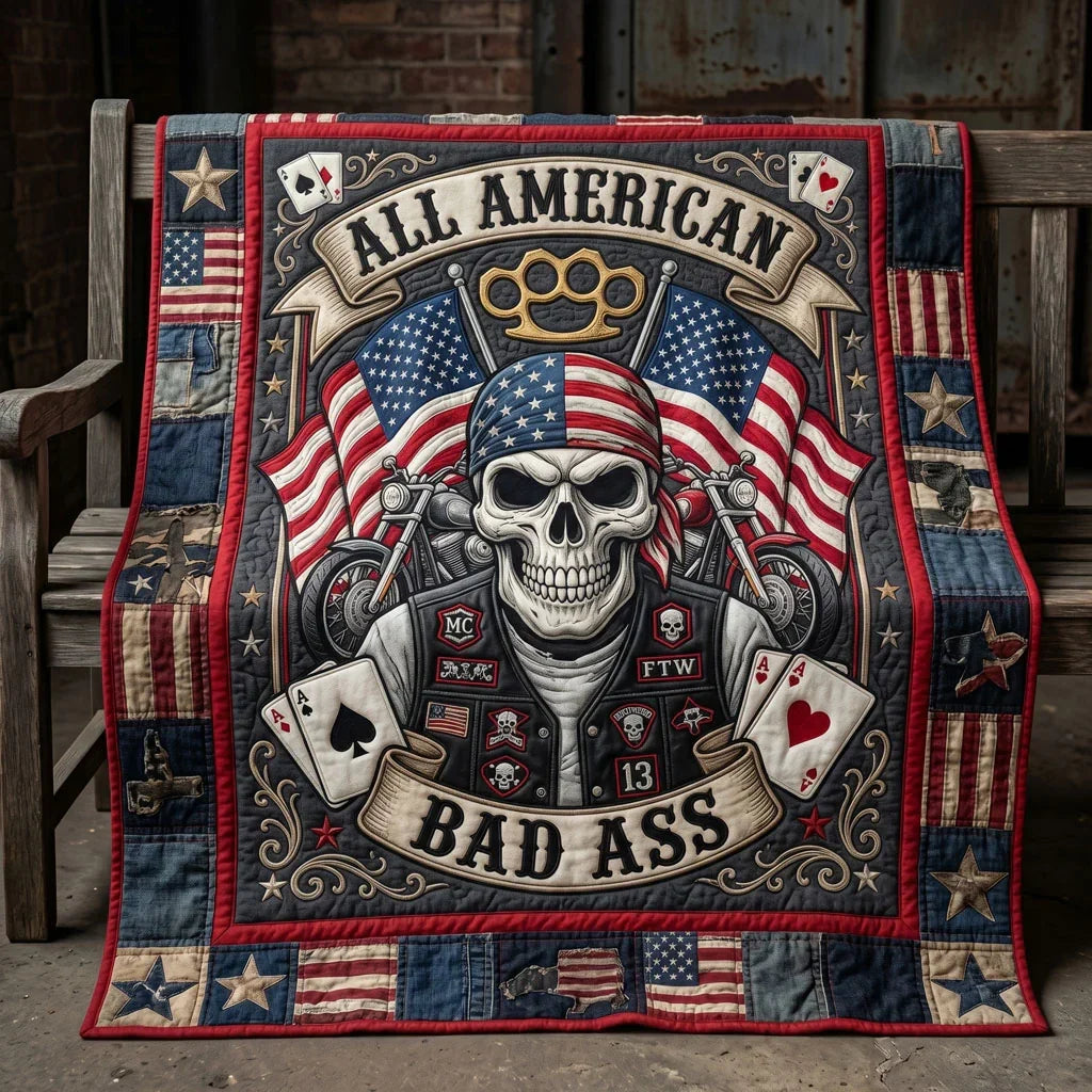 All American Badass Biker Skull Quilt Blanket