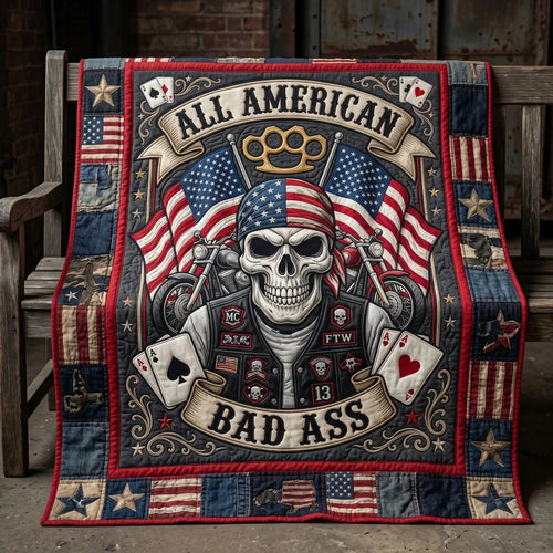 All American Badass Biker Skull Quilt Blanket