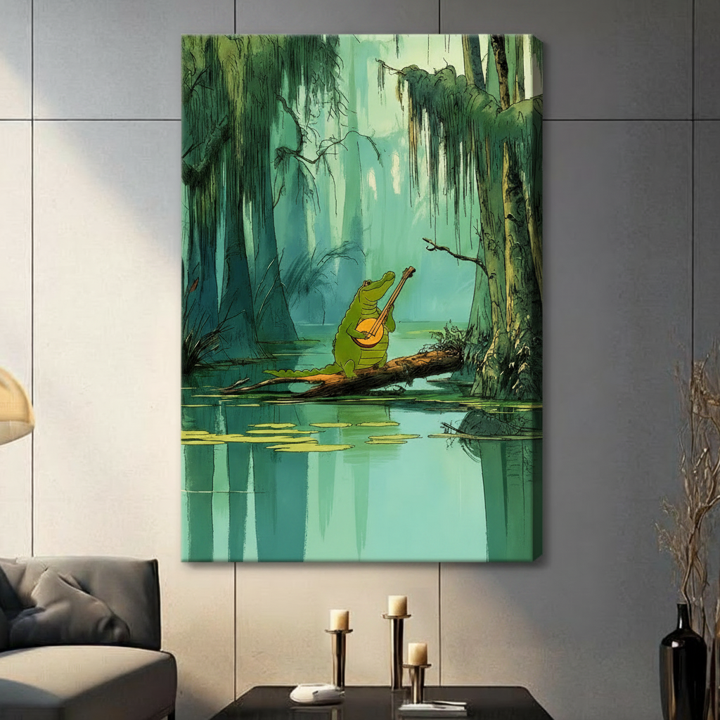 Swamp Alligator Playing Banjo Whimsical Canvas Art