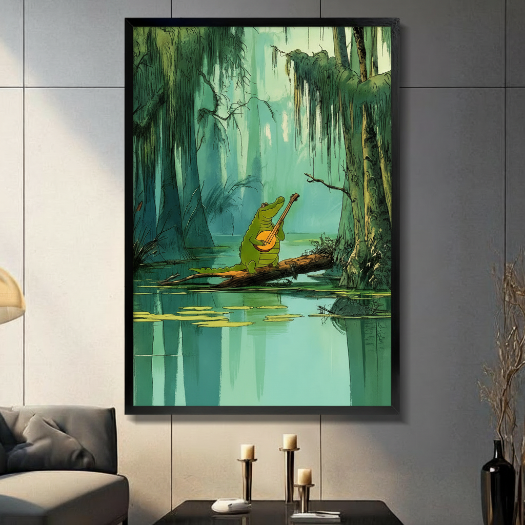 Swamp Alligator Playing Banjo Whimsical Canvas Art