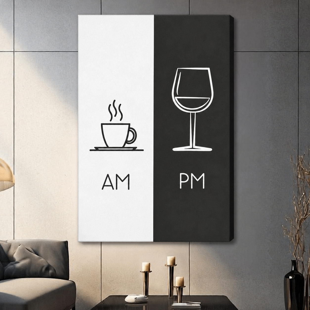 AM PM Coffee Wine Minimalist Black White Canvas Print