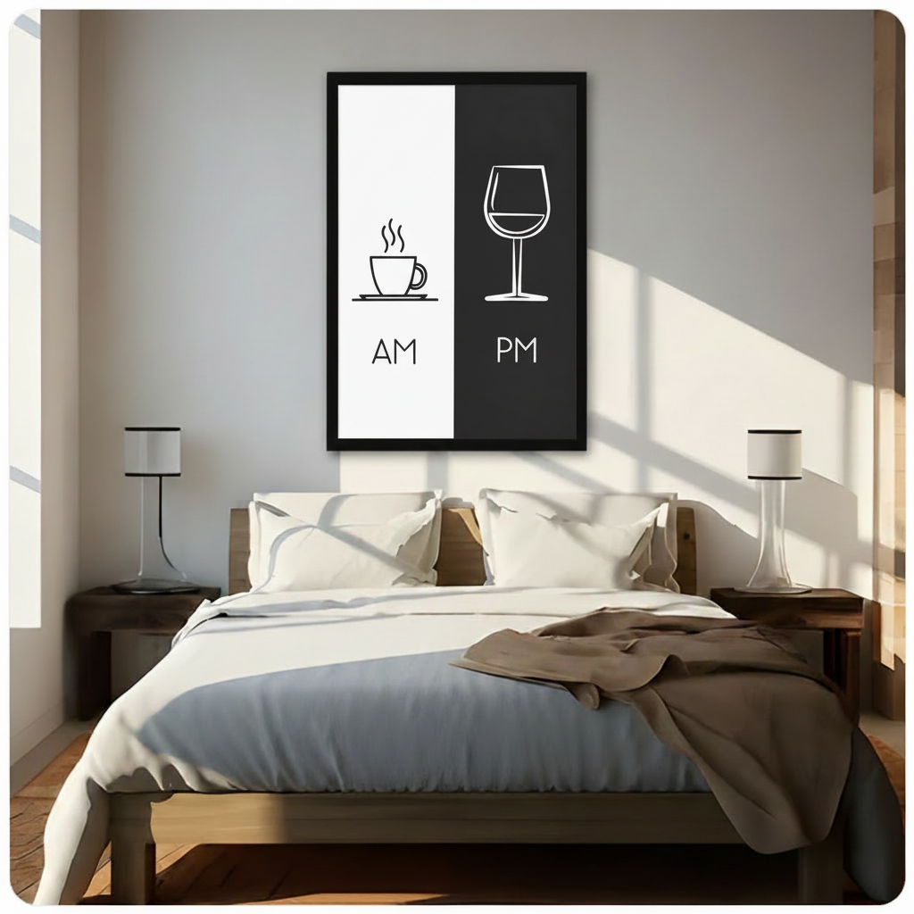 AM PM Coffee Wine Minimalist Black White Canvas Print