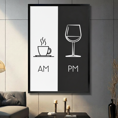 AM PM Coffee Wine Minimalist Black White Canvas Print