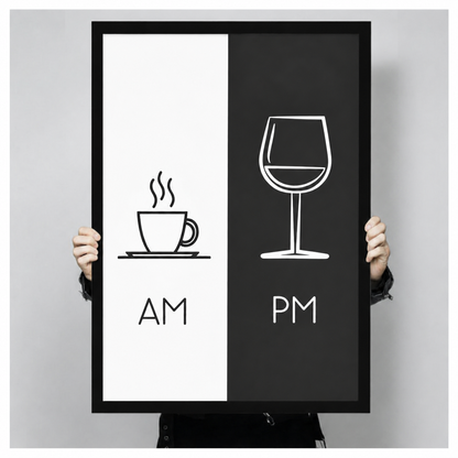 AM PM Coffee Wine Minimalist Black White Canvas Print