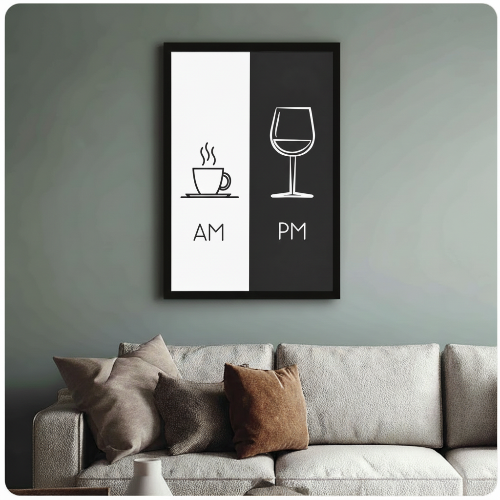 AM PM Coffee Wine Minimalist Black White Canvas Print