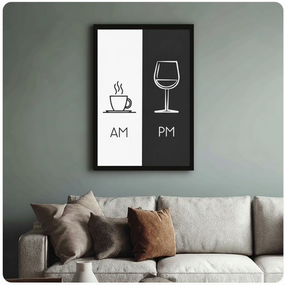 AM PM Coffee Wine Minimalist Black White Canvas Print
