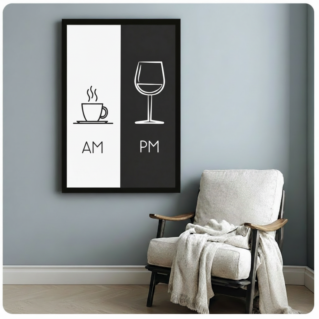 AM PM Coffee Wine Minimalist Black White Canvas Print