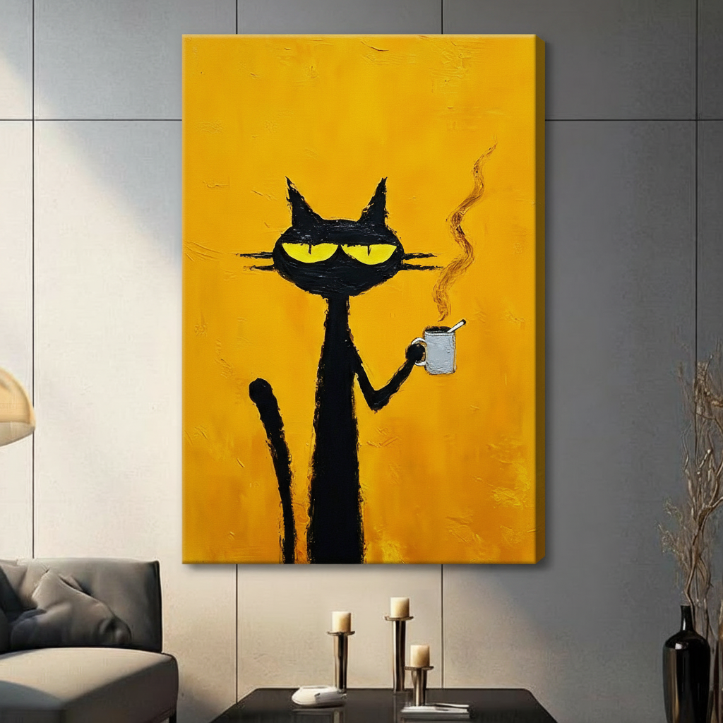 Black Cat Yellow Eyes Coffee Canvas Art Wall Art
