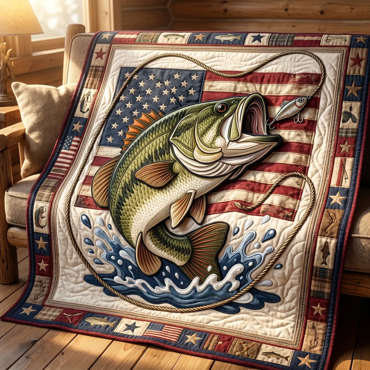 American Bass Fish Quilt Blanket