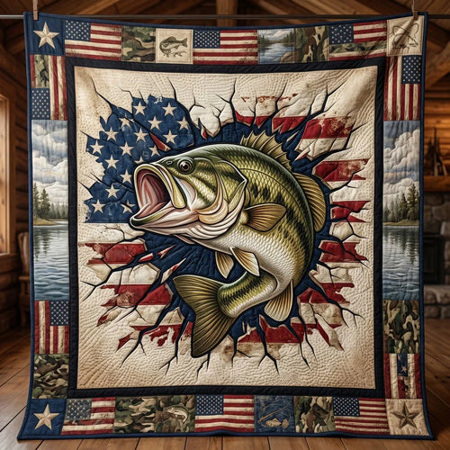 American Flag Bass Fishing Patriotic Quilt Blanket