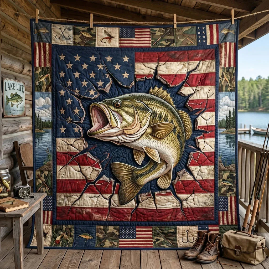 American Flag Bass Fishing Quilt Blanket