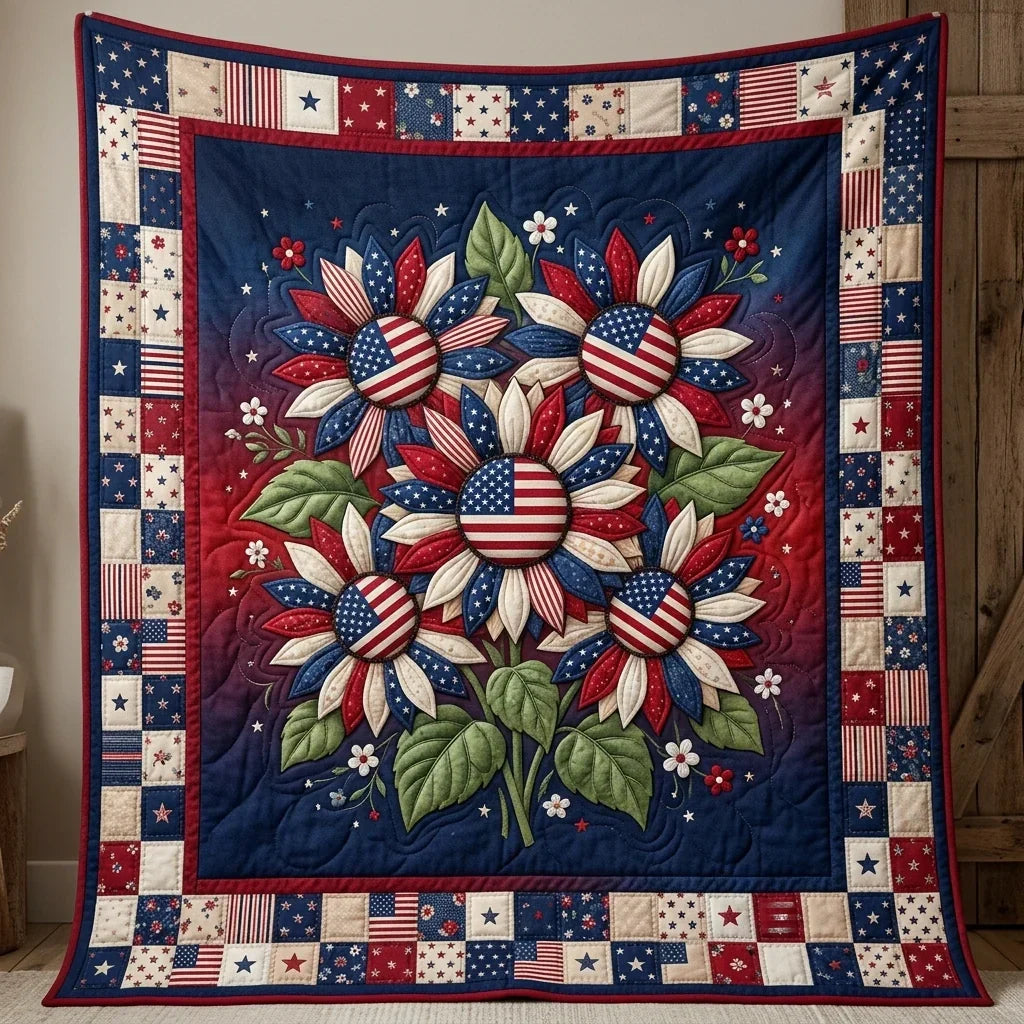 American Flag Sunflowers Quilt Blanket