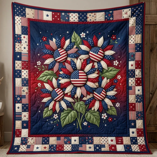 American Flag Sunflowers Quilt Blanket