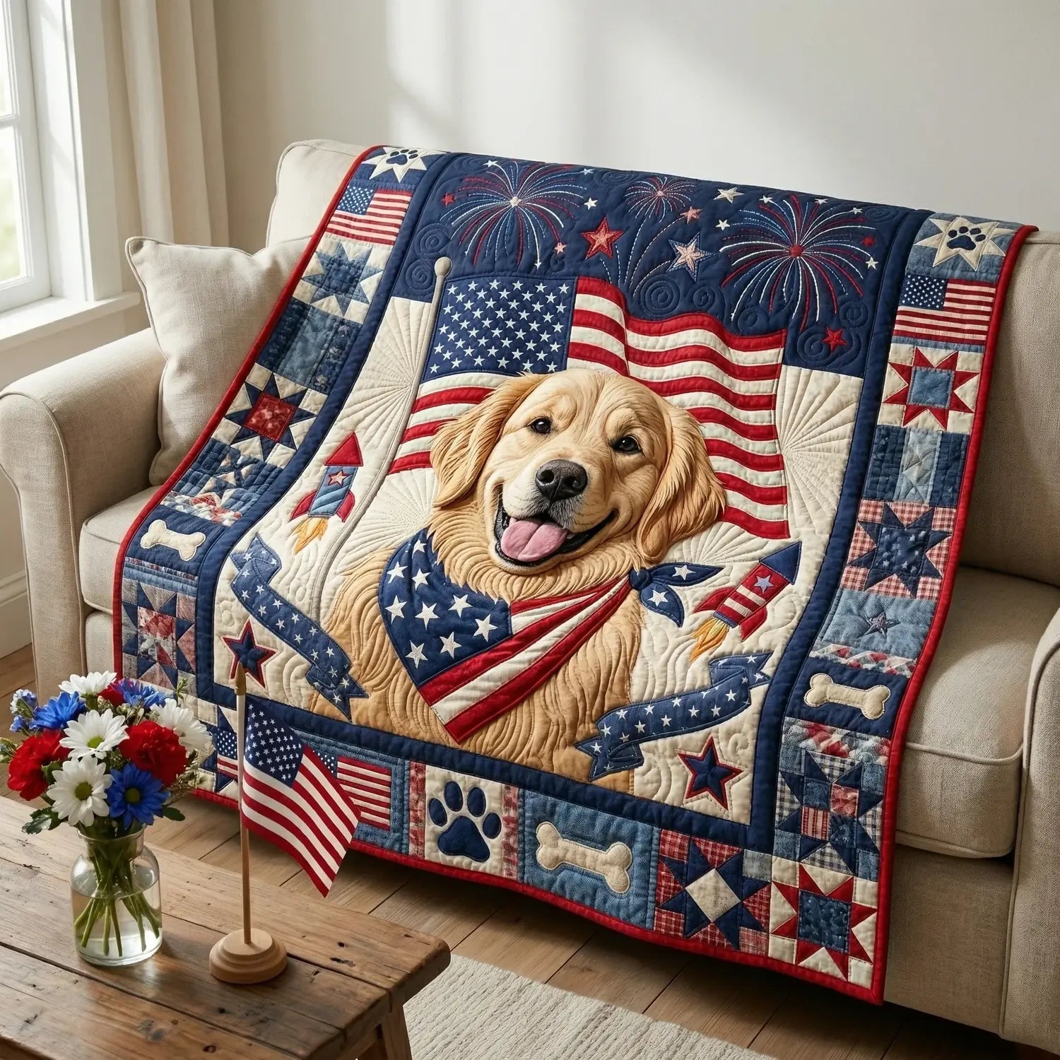 American Golden Retriever Quilt Blanket