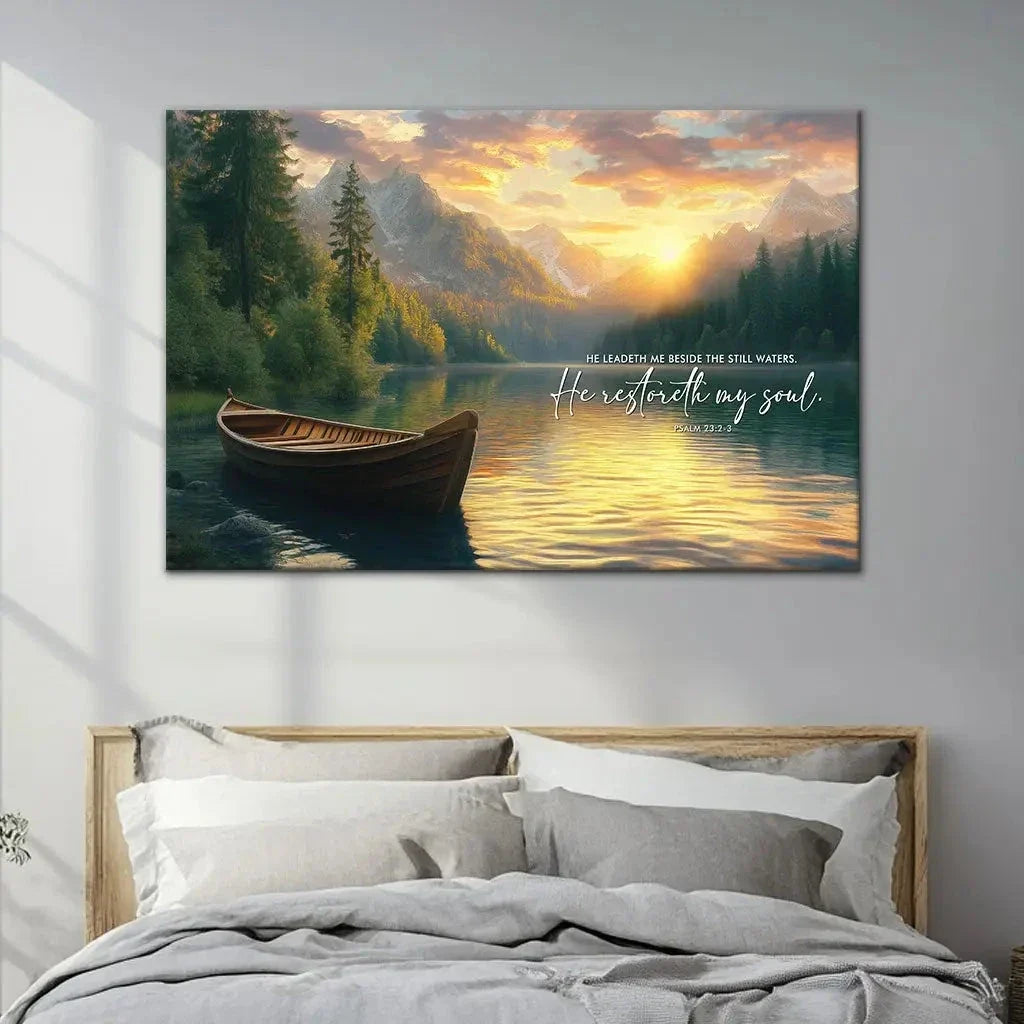 he leadeth me beside the still waters psalm 23 2 3 bible verse wall art canvas (Landscape)