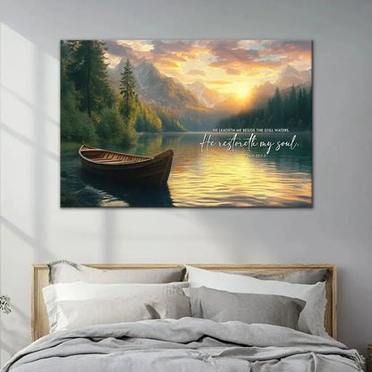 he leadeth me beside the still waters psalm 23 2 3 bible verse wall art canvas (Landscape)