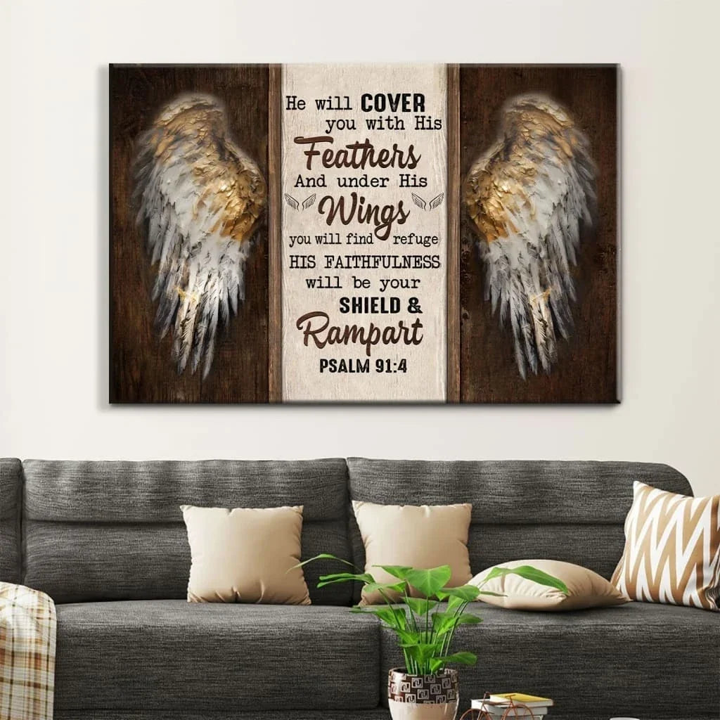 angel wings psalm 91 4 he will cover you with his feathers bible verse wall art canvas (Landscape)