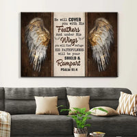angel wings psalm 91 4 he will cover you with his feathers bible verse wall art canvas (Landscape)