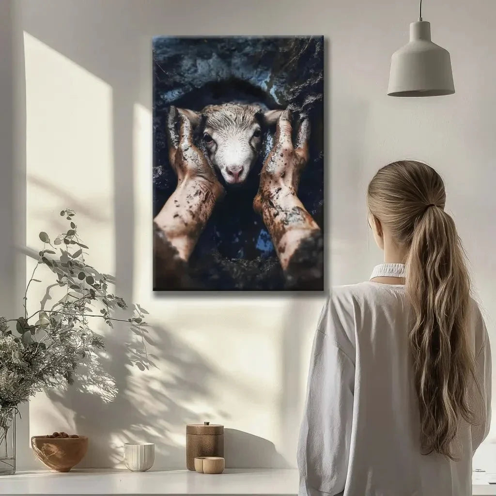 jesus rescues the lost lamb in the mud christian wall art canvas
