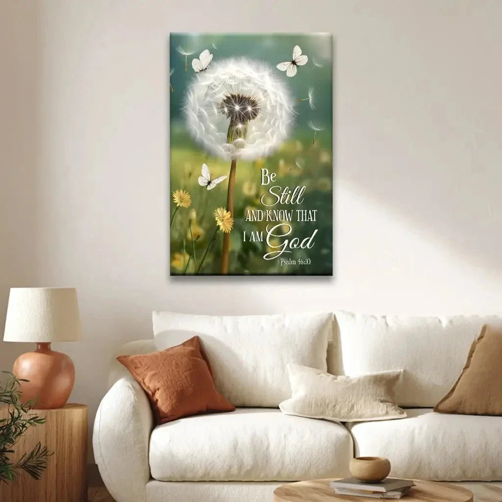 be still and know dandelion with butterflies psalm 46 10 christian wall art canvas