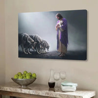 jesus holds a lamb as wolves bow down christian wall art canvas