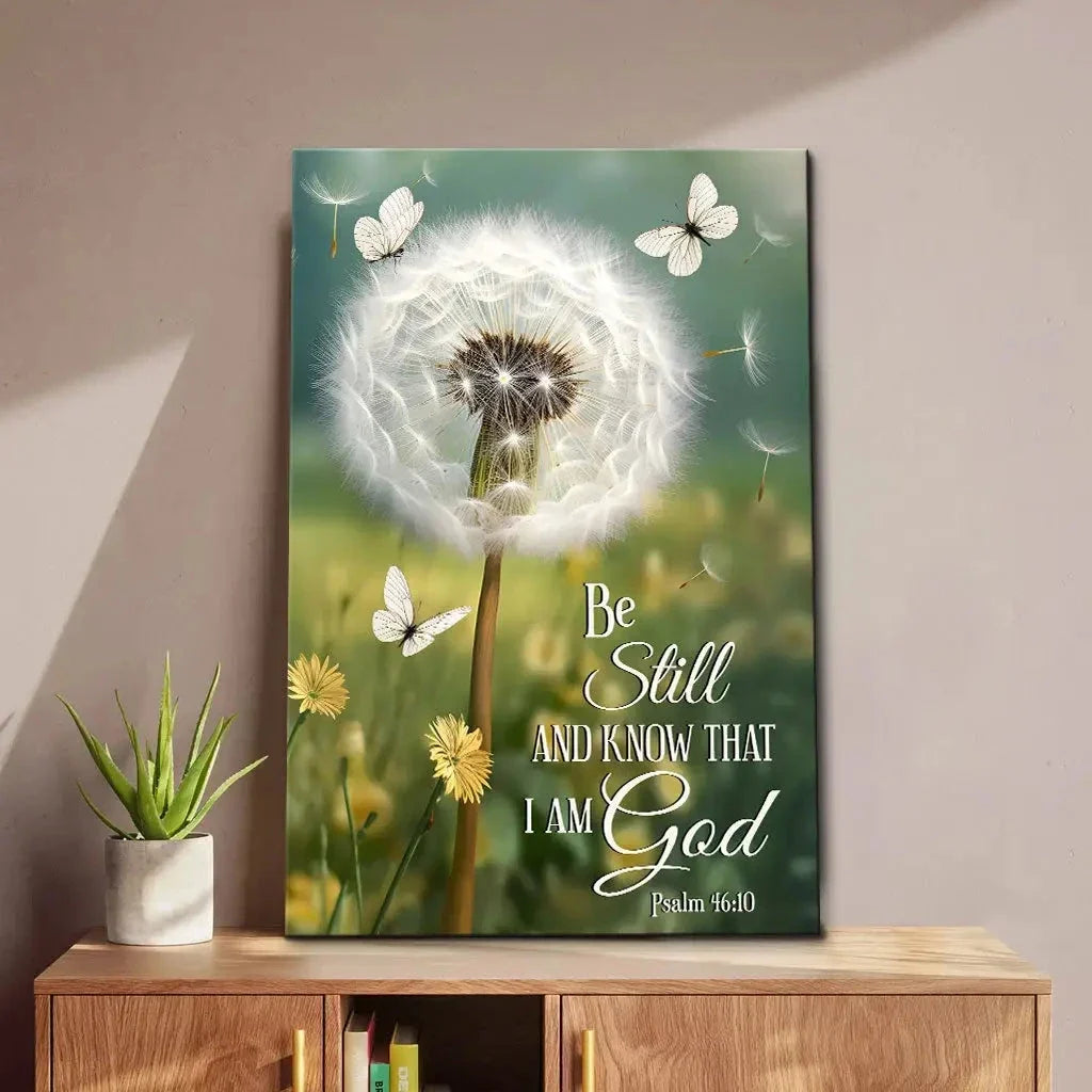 be still and know dandelion with butterflies psalm 46 10 christian wall art canvas (view 2)