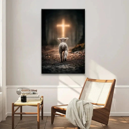 lamb walking toward the glowing cross christian wall art canvas