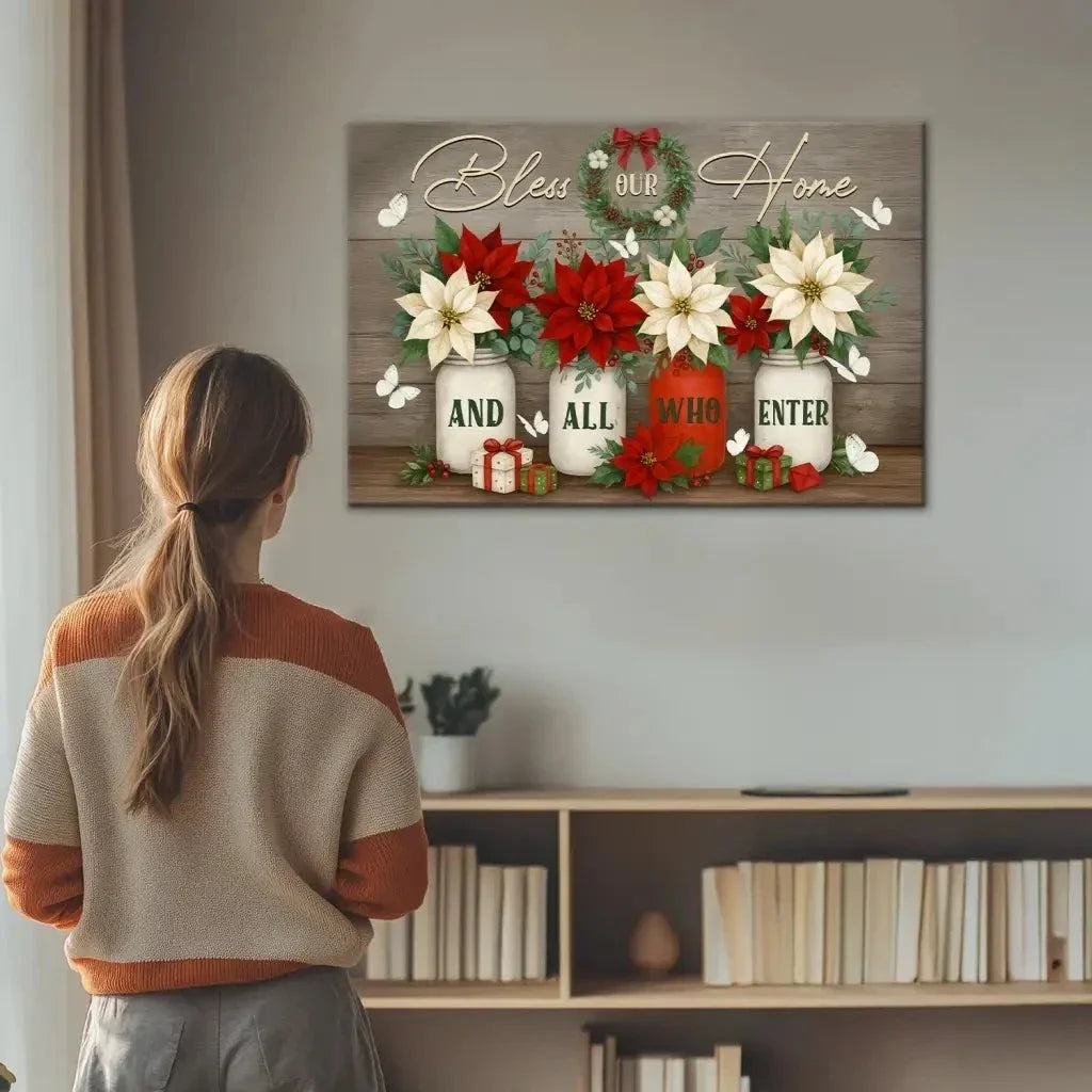 bless our home and all who enter wall art canvas christian christmas decoration (Landscape) (view 2)