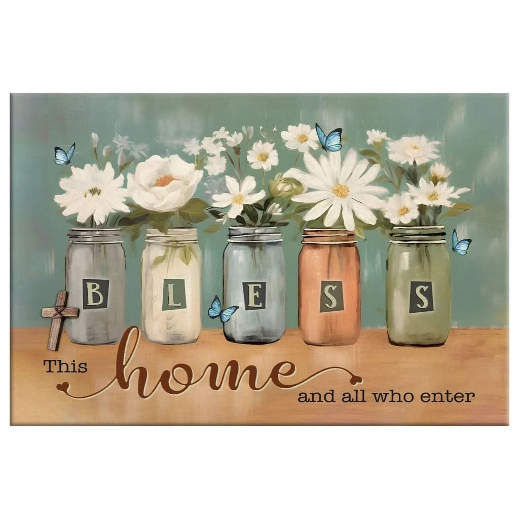 bless this home and all who enter floral butterfly mason jar wall art canvas (Landscape)