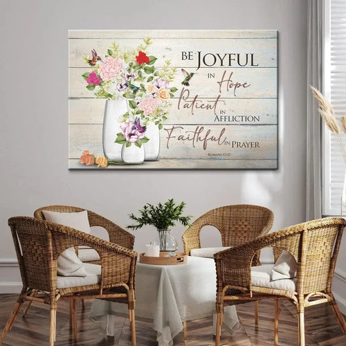 be joyful in hope romans 12 12 hummingbird flower vase wall art canvas (Landscape)