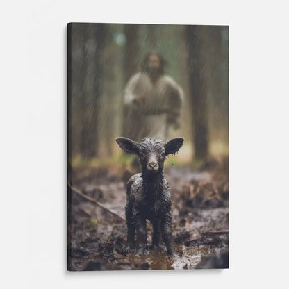christian wall art jesus runs after his lost sheep in the rainy forest canvas