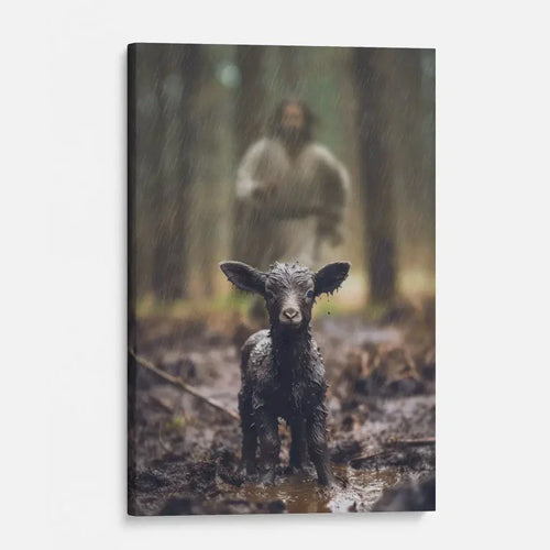 christian wall art jesus runs after his lost sheep in the rainy forest canvas