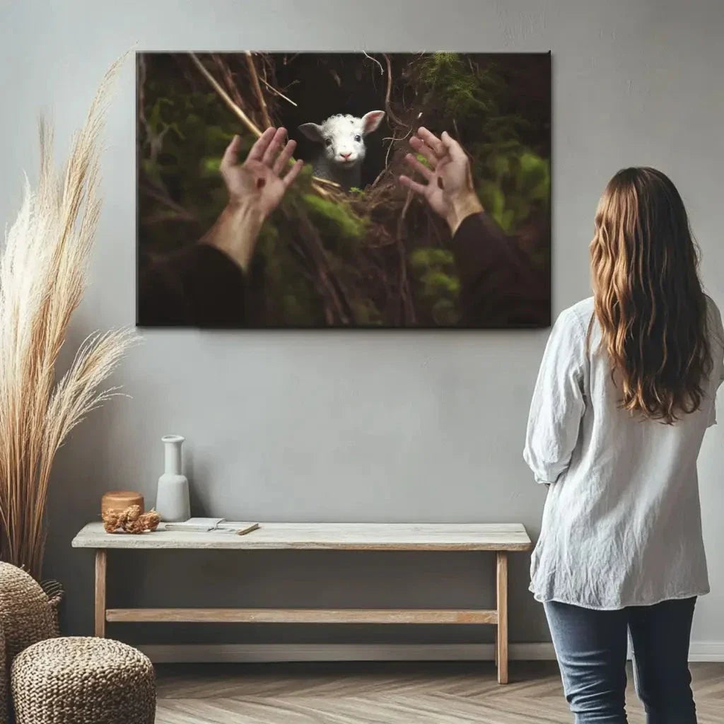 jesus hand reaching out to rescue a lamb wall art canvas