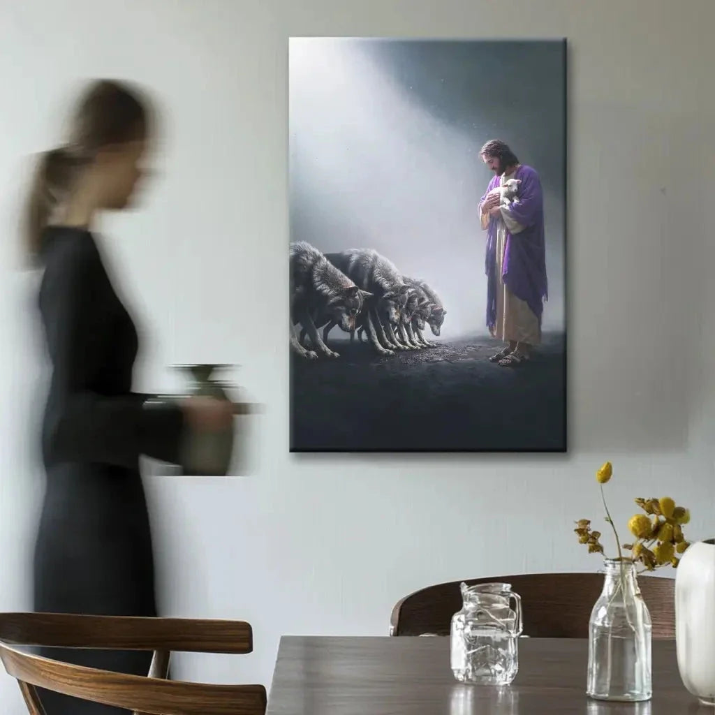 jesus holds a lamb as wolves bow down christian wall art canvas (view 2)