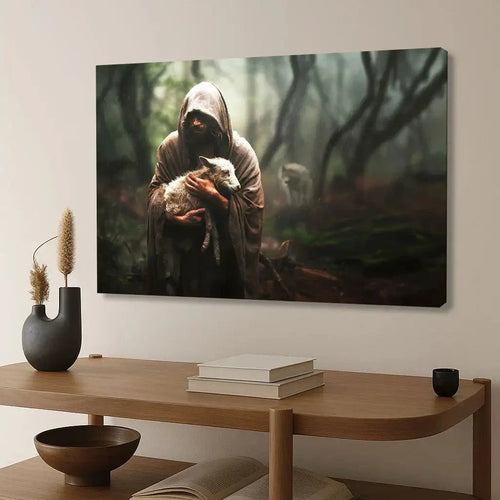 jesus carrying lost sheep wall art canvas (Landscape)