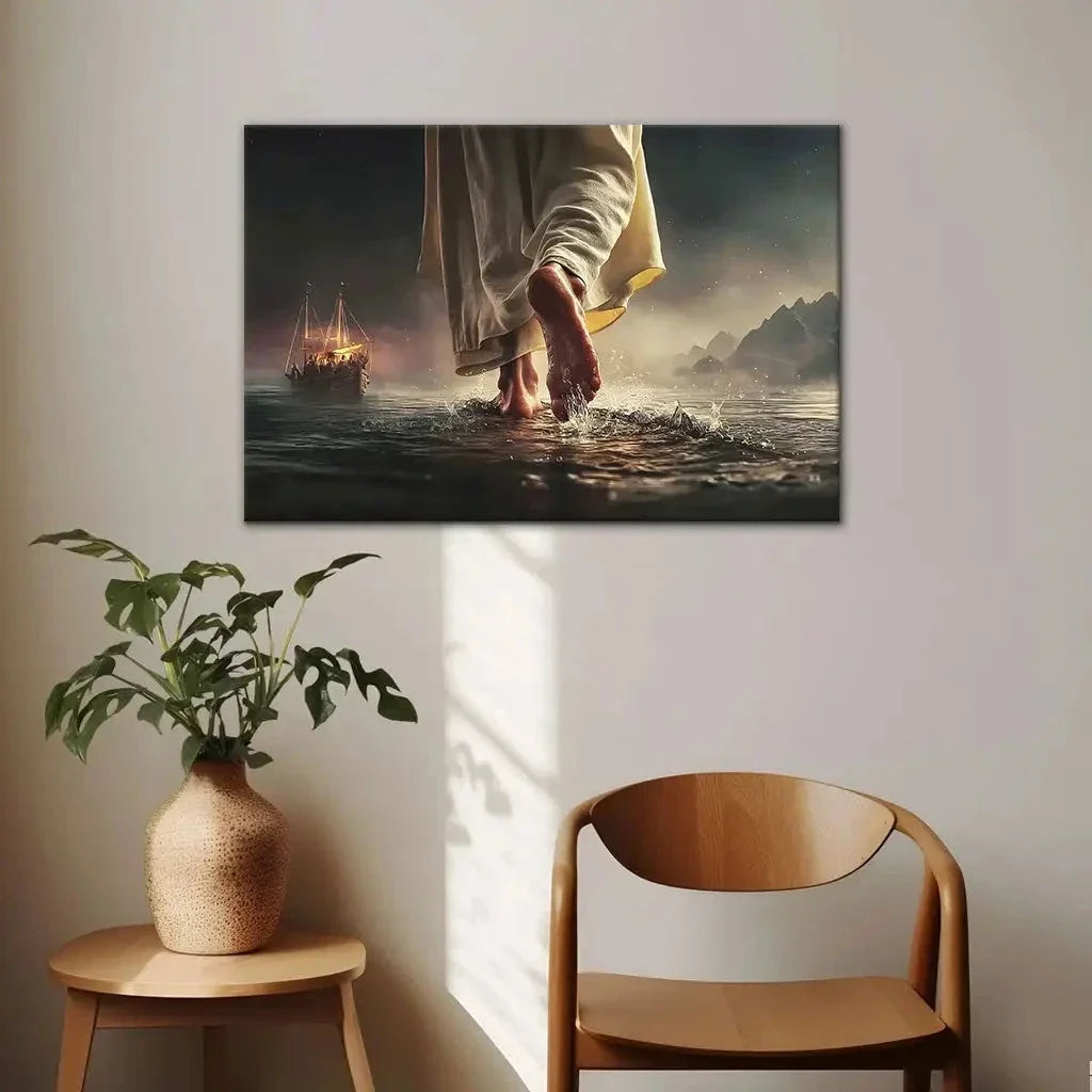 find peace in the storm jesus walking on water christian wall art canvas (Landscape)