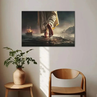 find peace in the storm jesus walking on water christian wall art canvas (Landscape)