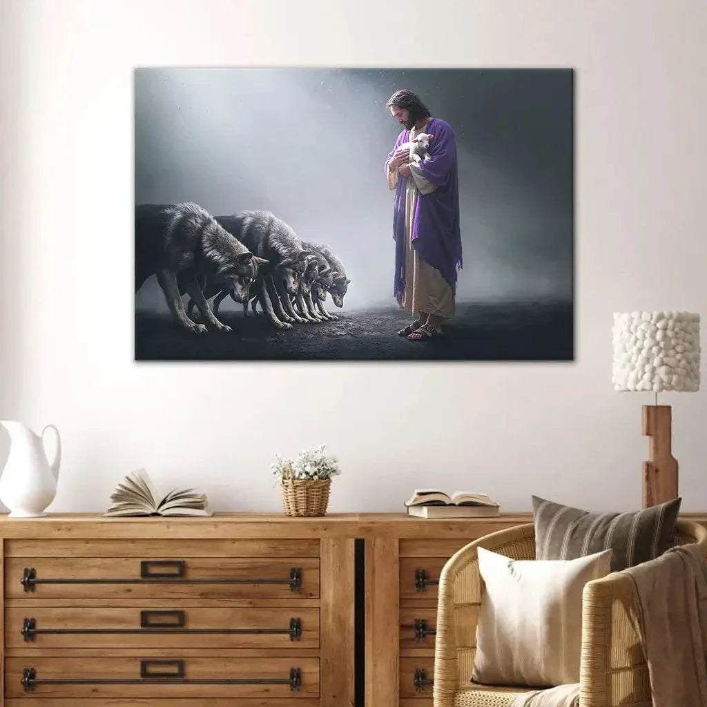 jesus holds a lamb as wolves bow down christian wall art canvas (view 3)