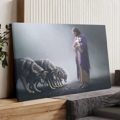 jesus holds a lamb as wolves bow down christian wall art canvas (view 4)