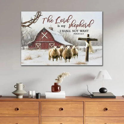the lord is my shepherd psalm 23 1 red barn with sheep christmas wall art canvas (Landscape)