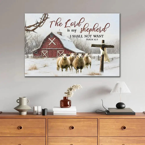 the lord is my shepherd psalm 23 1 red barn with sheep christmas wall art canvas (Landscape)