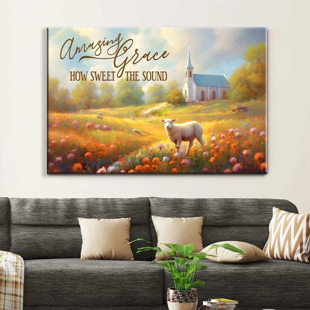 amazing grace how sweet the sound wall art church in field christian canvas art (Landscape)