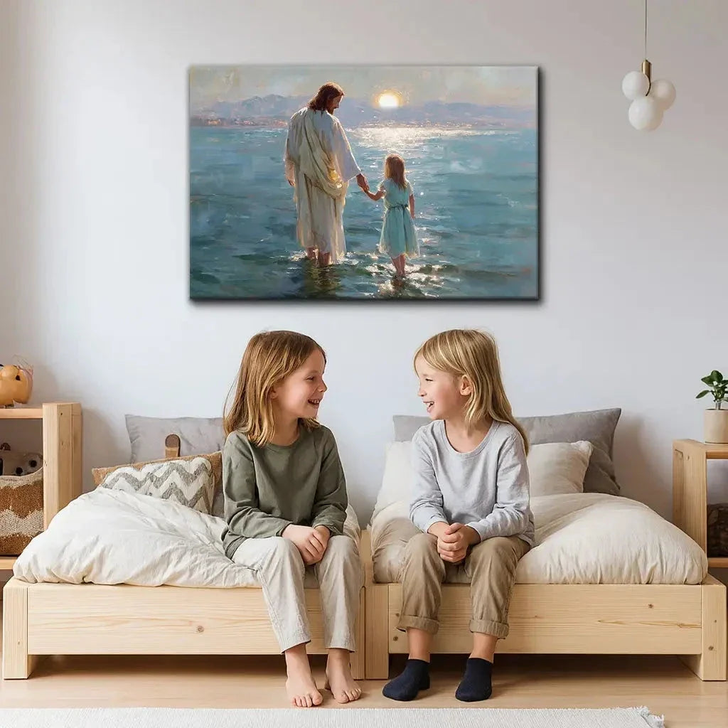 jesus and little girl on the water christian wall art canvas (Landscape) (view 2)